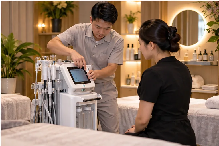 Minh họa quy trình chuẩn bị, vận chuyển và hướng dẫn sử dụng thiết bị spa